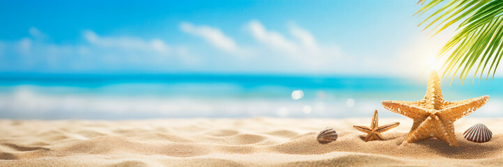Starfish on sandy beach with blue sea and sky background. Summer vacation concept.