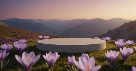 Empty product podium against a backdrop of mountains and a purple field of crocuses Generative AI