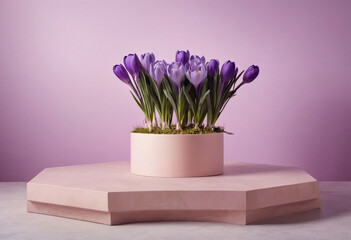 Product podium with purple crocus pot Pastel colors Generative AI