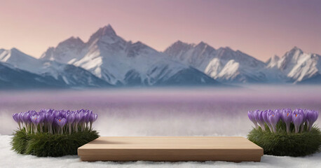 Empty product podium against a backdrop of Alpine mountains and a purple field of crocuses...