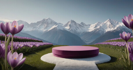 Empty purple product podium against a backdrop of Alpine mountains and a purple field of crocuses...