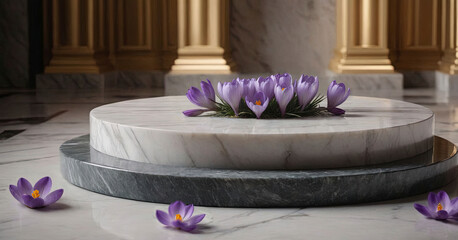 Marble podium with crocuses, columns in the background, Generative AI