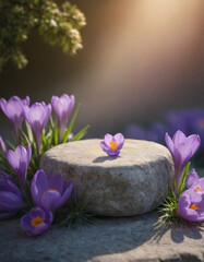 crocus flowers in the garden, Stone Podium for product presentation with Crocus and natural...