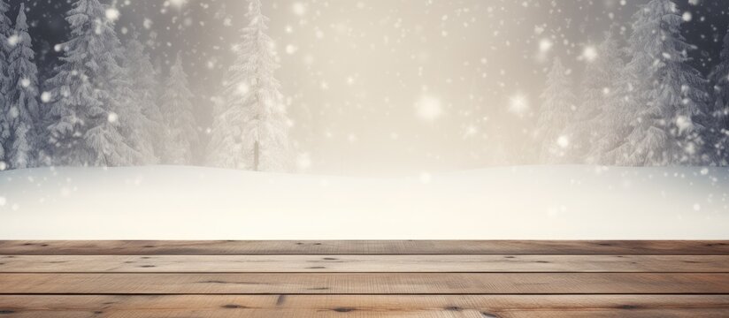 A wooden table is depicted with snow gently falling on it in the foreground, set against a backdrop of a snowy forest