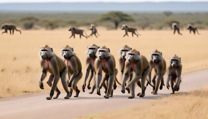 A Baboon Group Traveling Across The Savanna Follo - obrazy, fototapety, plakaty