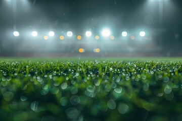 A sports stadium with bright lights a grandstand and green grass with a blurred effect Game cancellation due to bad weather. Concept Sports Photography, Stadium Atmosphere, Weather Impact - obrazy, fototapety, plakaty