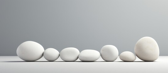 A row of white eggs in different sizes arranged neatly on a table, captured in monochrome still life photography with a focus on texture and shape