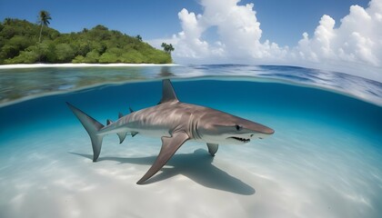 A Hammerhead Shark Patrolling The Waters Near A Tr - obrazy, fototapety, plakaty