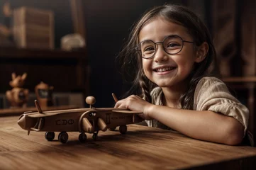 Küchenrückwand Plexiglas Alte Flugzeuge Cute little girl in glasses playing with wooden toy plane at home