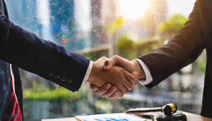Business man investor handshake with global network link connection digital technology, internet communication, teamwork, partnership concept