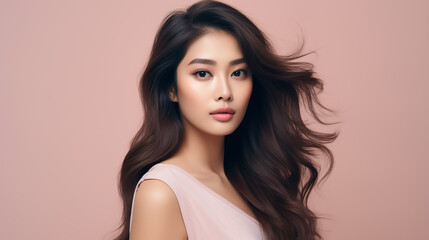 Beautiful young Asian woman with clear skin on pink background. Skin care.