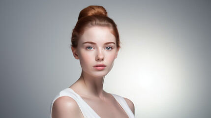 Beautiful young woman with clear skin and red hair on a white background. Skin care.