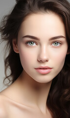 Fototapeta premium Beautiful young woman with clean skin on a white background. Skin care.