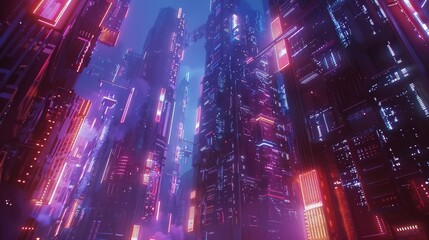 Futuristic Skyscrapers Detailed shots of futuristic skyscrapers and megastructures illuminated by neon lights showcasing archit  AI generated illustration