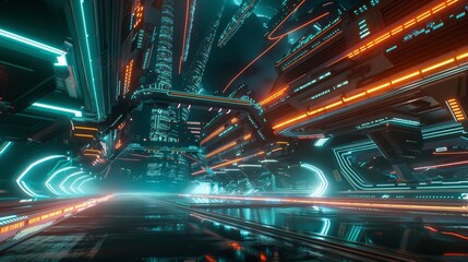 Futuristic Spaceports Detailed shots of futuristic spaceports and intergalactic terminals illuminated by neon lights showcasing  AI generated illustration