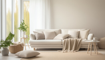 Bright living room interior with white sofa plants and a large window