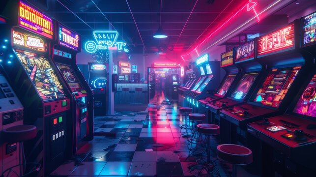 Neon Cyberpunk Arcades Cinematic captures of neon-lit cyberpunk arcades and gaming centers featuring retro-futuristic video gam  AI generated illustration