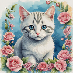 Watercolor illustration of a white cat portrait among flowers. Generative ai
