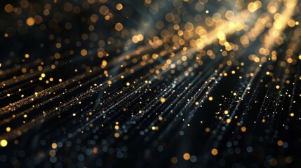 A luxurious black backdrop with elegant gold lines and sparkling bokeh effects that create a subtle light ray pattern. - obrazy, fototapety, plakaty