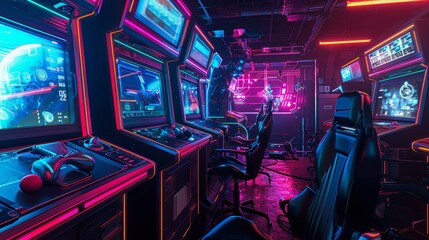 Virtual Reality Gaming Cinematic captures of virtual reality gaming arcades and futuristic gaming environments featuring neon-l  AI generated illustration - obrazy, fototapety, plakaty