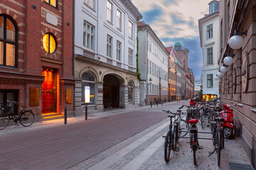 Empty street and Round Tower, Rundetaarn, in the morning, Copenhagen, capital of Denmark