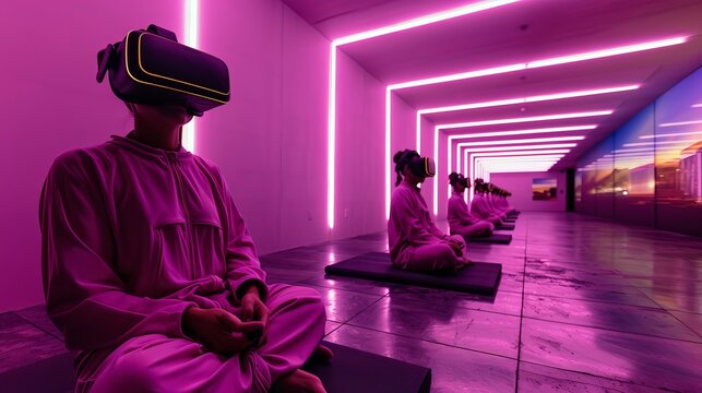 Virtual Reality Meditation Retreats Professional photographs of virtual reality meditation retreats and futuristic wellness cen  AI generated illustration