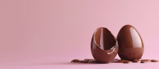 Chocolate Easter egg split in two on a soft pink background with unique space for text. Simple show of Easter theme.