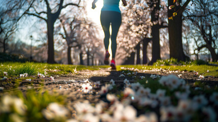 A vibrant individual gracefully runs through a lush park, with towering trees providing a stunning backdrop, person running in park with blooming cherry trees in Spring