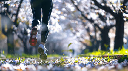 A person gracefully runs through a park filled with lush green trees under the golden sunlight, person running in park with blooming cherry trees in Spring - obrazy, fototapety, plakaty