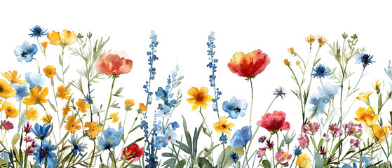Watercolor Wildflowers Clipart, Watercolor Wildflowers  Border. - obrazy, fototapety, plakaty