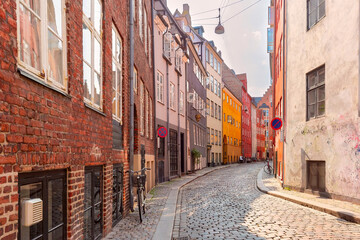 Empty street in old town in the morning, Copenhagen, capital of Denmark