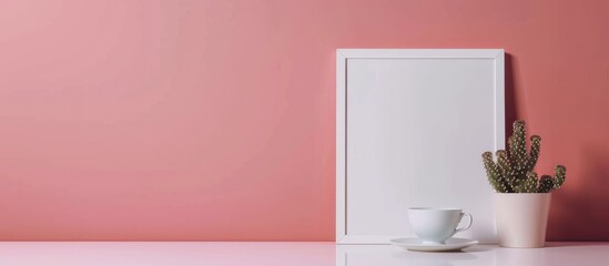 White frame with cactus plant and a tea or coffee cup on a white table against a pink wall, with space for text. Mockup design.