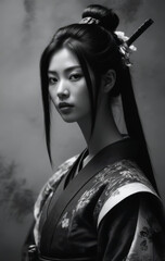 Samurai girl in black and white style