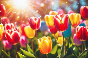 May floral bloom. Spring season background. Tulip garden landscape. Sunny flower field. Nature color. Light day park Green grass beauty. Bright sun blue sky. April leaf close up Fresh plant bulb grow. - Powered by Adobe