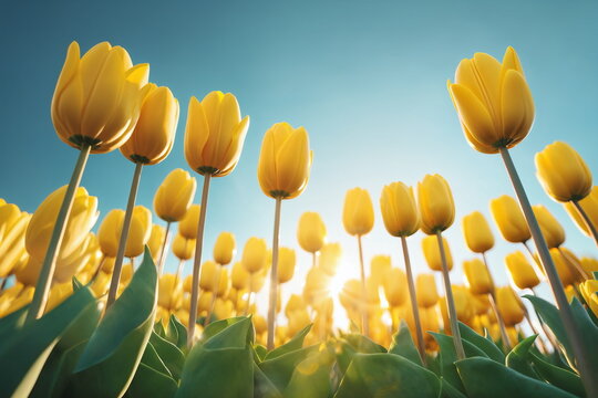 Tulip garden landscape. Spring season background. Sunny flower field. May floral bloom. Nature color. Light day park Bright sun blue sky. Green grass beauty. April leaf close up Fresh plant bulb grow.
