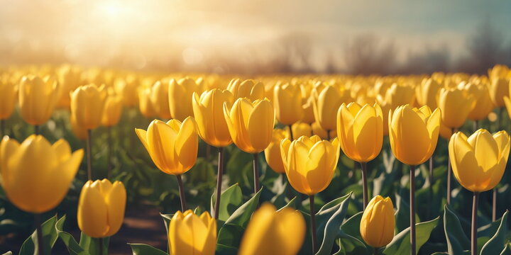 May floral bloom. Nature color. Tulip garden landscape. Spring season background. Sunny flower field. Fresh plant bulb grow. Light day park Bright sun blue sky. Green grass beauty. April leaf close up