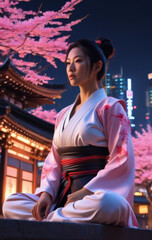 Samurai Girl meditating outside
