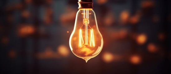 A close up of an amber light bulb hanging from the ceiling, resembling a liquidfilled glass bottle. The sky tinted with shades of heat, gas, and automotive lighting
