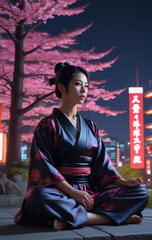 Samurai Girl meditating outside