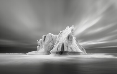 Beautiful Black and White Long Exposure of Iceberg in Water, with Frosted Sky and Sea.  Landscape Illustration.  Generative AI.