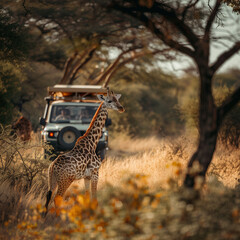 Giraffe on Safari Adventure with Tourists in the Background