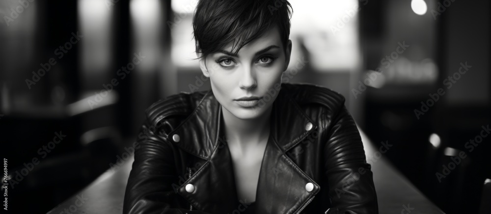 Sticker A monochrome image of a woman in a black leather jacket, with a captivating smile and intense eyes. The flash photography highlights the stylish sleeve and jawline