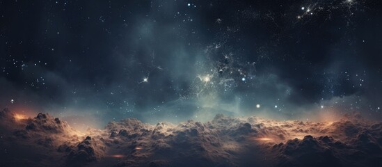 The atmosphere was filled with cumulus clouds obscuring the astronomical objects in the night sky, creating a beautiful atmospheric phenomenon with stars peeking through - obrazy, fototapety, plakaty