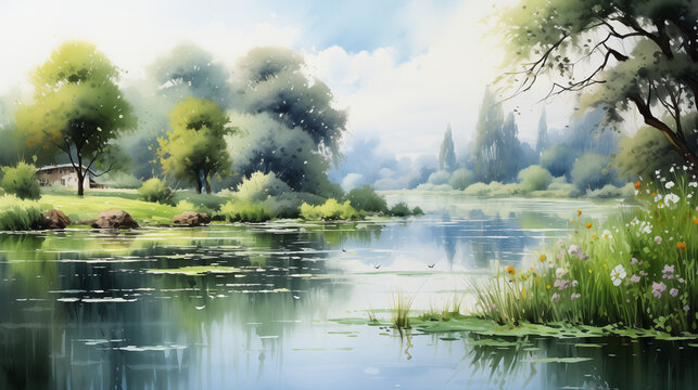 Landscape portrayed in watercolor of tranquil pond adorned with graceful weeping willows and lovely lily trees, evoking a sense of serenity.