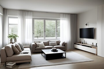 Naklejka na ściany i meble Scandinavian home interior design of modern living room.