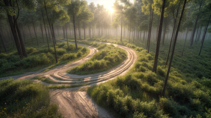 Road in the foggy forest at sunrise, beautiful summer landscape.