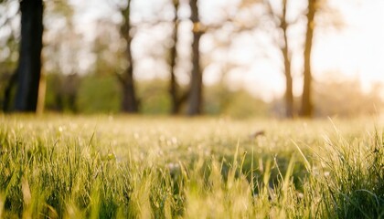 close up of green grass on a sunny day of spring or summer with trees on blurred background