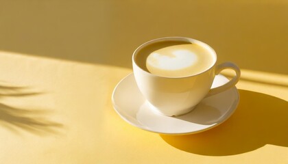 yellow background with sunlit white coffee cup featuring milk pattern in minimalist style