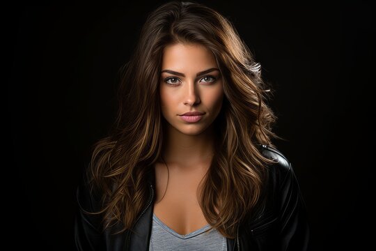 Portrait of beautiful young woman in leather jacket on black background.
