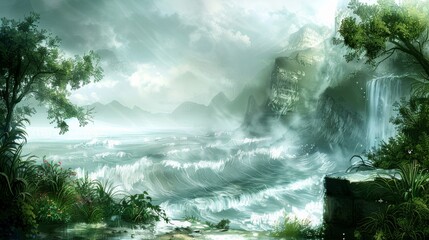 Dramatic fantasy painting of a stormy seascape with lush greenery and a waterfall, ideal for game art, book covers, and storytelling backgrounds